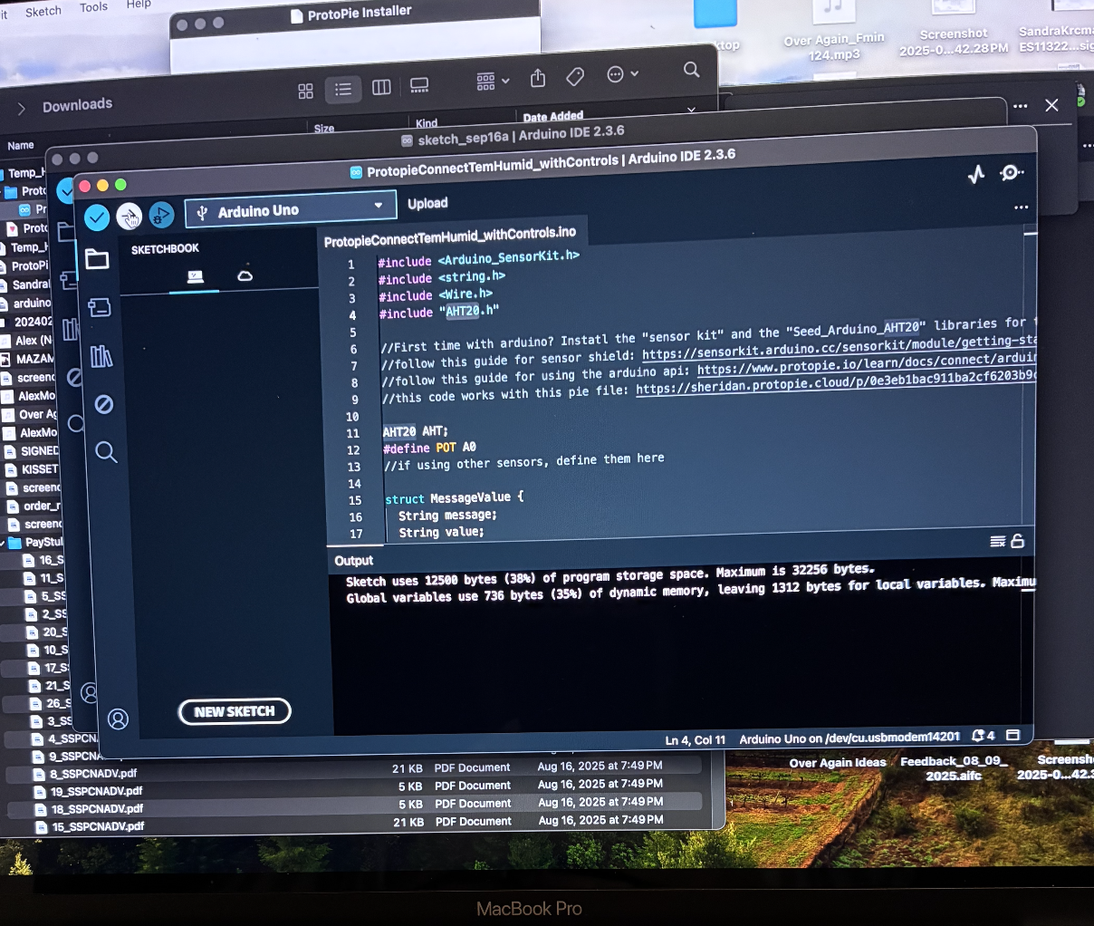 The Arduino IDE shows the ProtoPie Connect setup with temperature controls and imported libraries.