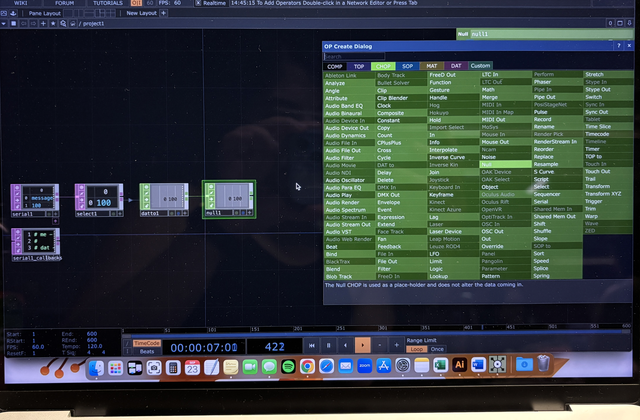 The TouchDesigner interface shows a CHOP (Channel Operator) network with nodes like serial1, select1, datto1, and null1, configuring how incoming Arduino sensor data is filtered and routed.