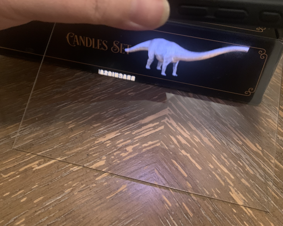 Tried Pepper’s Ghost–style 3D reflections: Triceratops, Brontosaurus, Jellyfish (all worked clearly)- a potential ProtoPie insight reflection.